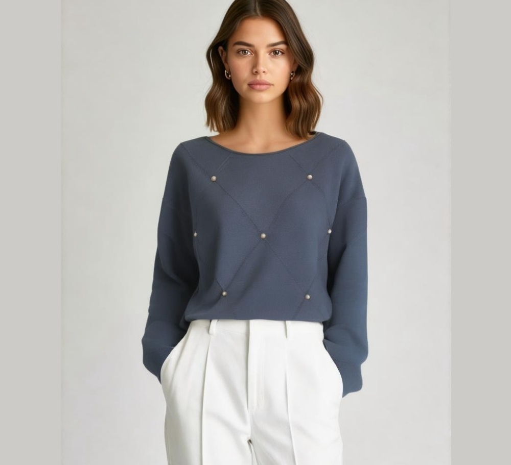 Blue top sweater with  crystals pearls sz M 🆕